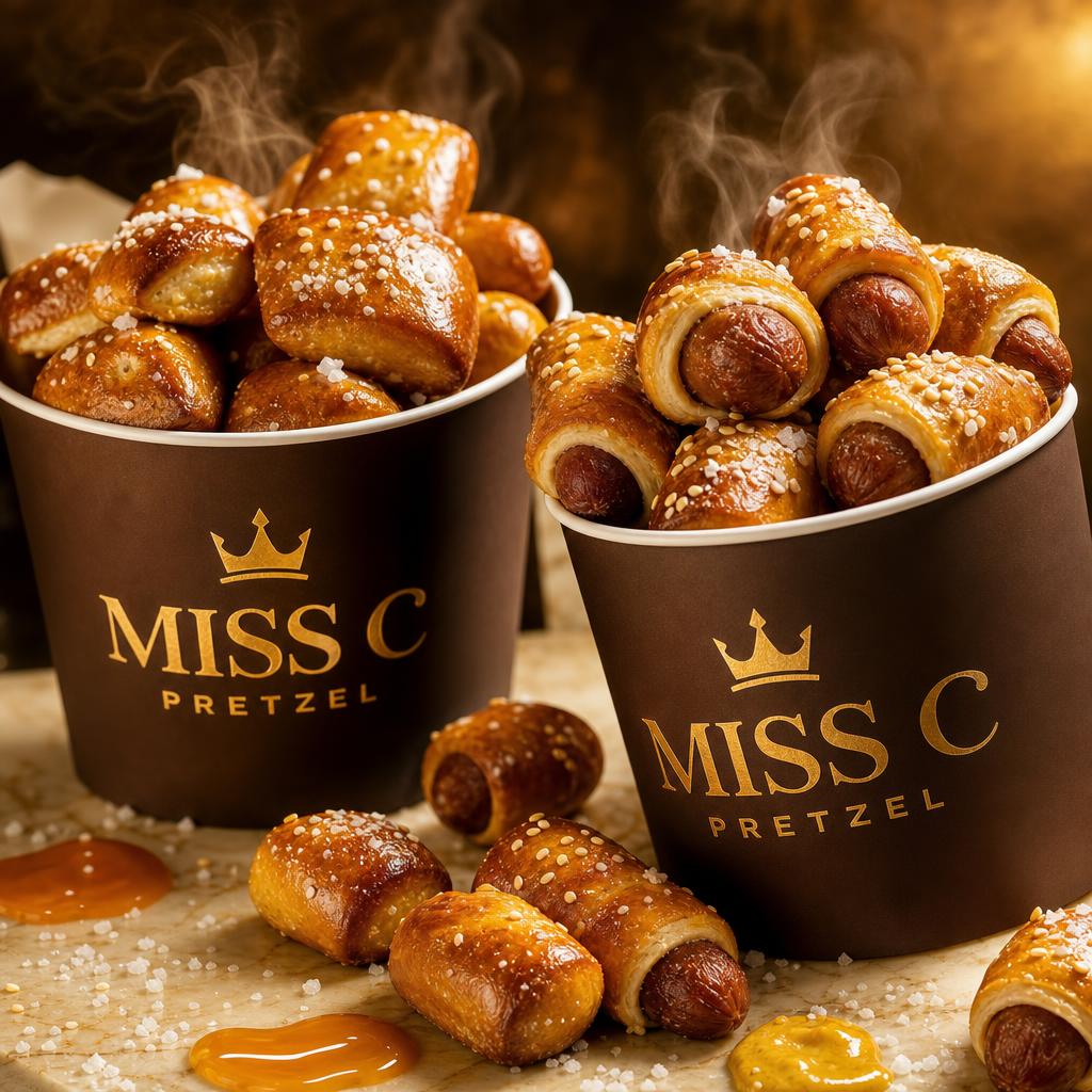 Pretzel bites in a Miss C Pretzel branded chocolate and gold cup