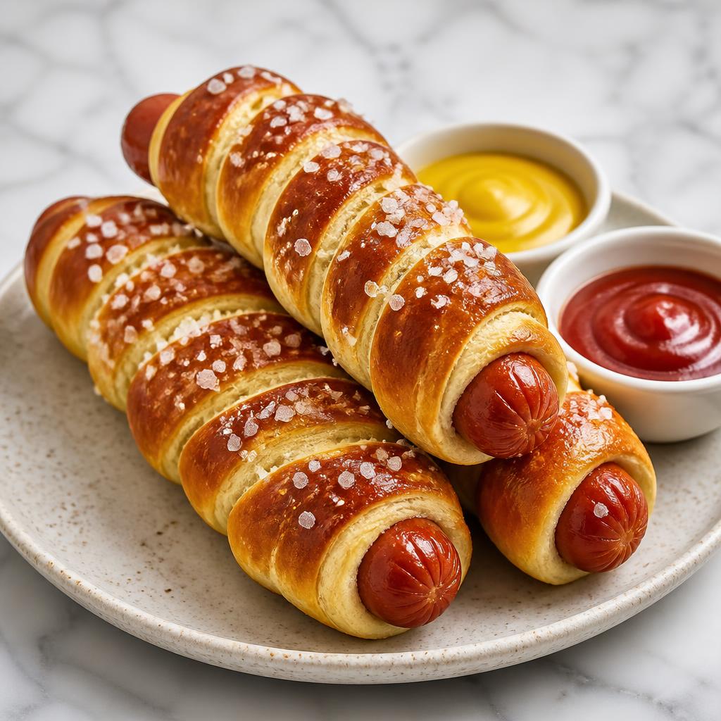 Beef hot dogs wrapped in pretzel dough with mustard